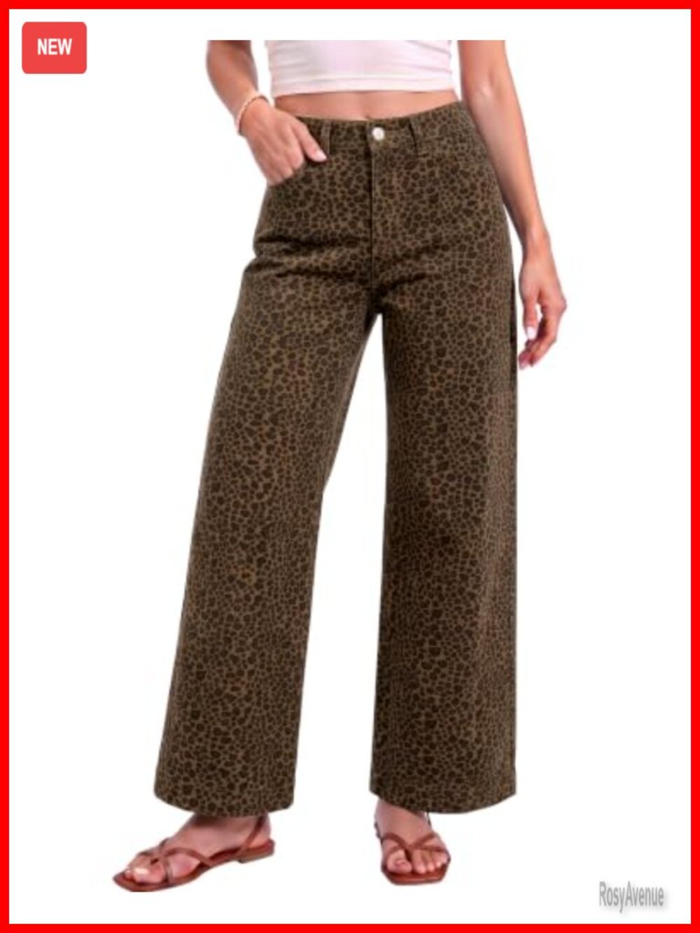 Wide Leg Jeans Leopard Print Ankle Length Denim Pants High Rise